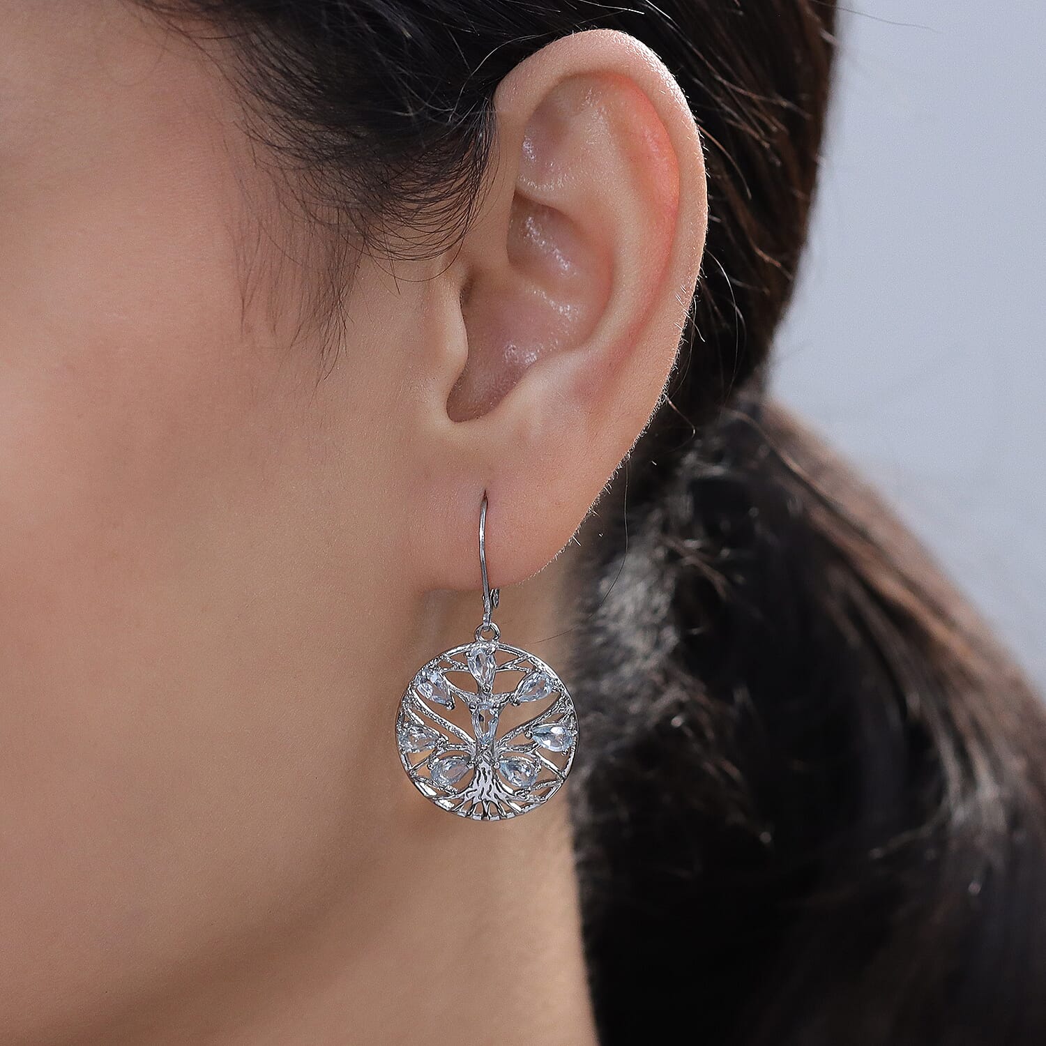 EverTrue Set of Sky Blue Topaz Tree Of Life Earrings and Pendant with Chain (Size 20)
