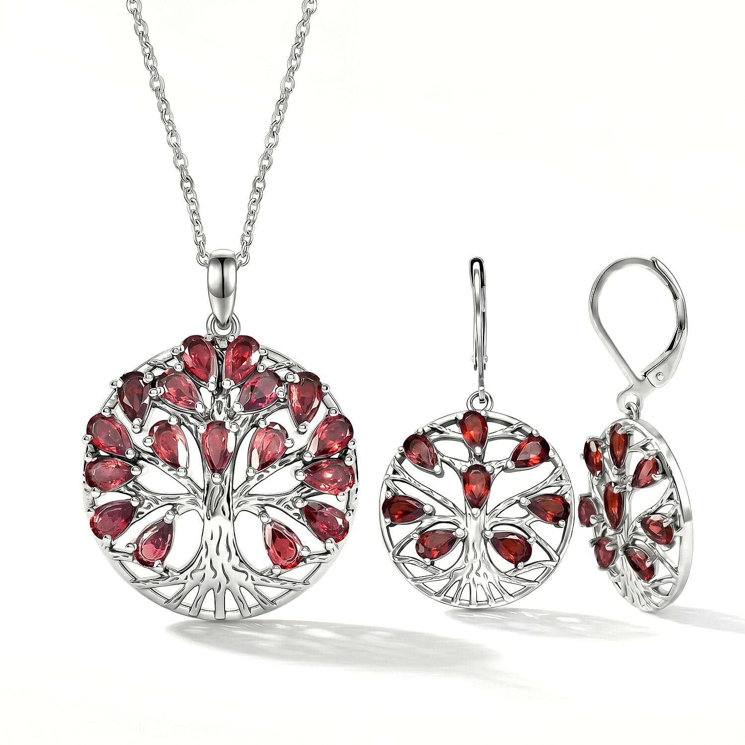 EverTrue Set of Red Garnet Tree Of Life Earrings and Pendant with Chain (Size 20)