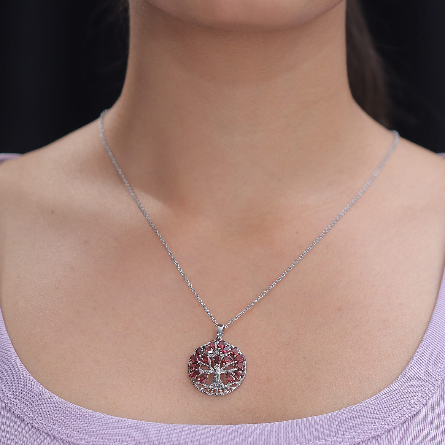EverTrue Set of Red Garnet Tree Of Life Earrings and Pendant with Chain (Size 20)