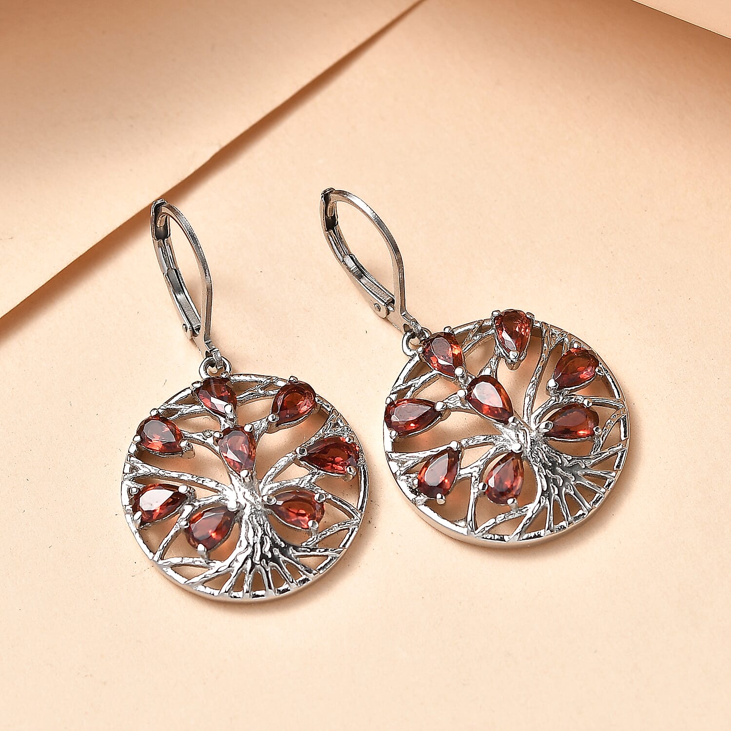EverTrue Set of Red Garnet Tree Of Life Earrings and Pendant with Chain (Size 20)