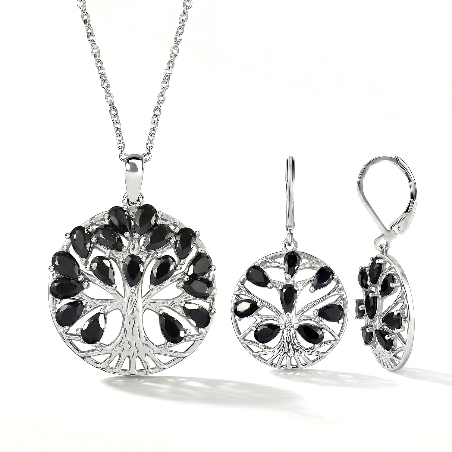 EverTrue Set of Black Spinel Tree Of Life Earrings and Pendant with Chain (Size 20)