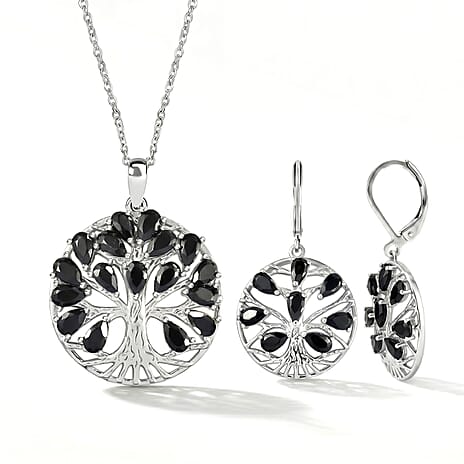 EverTrue Set of Black Spinel Tree Of Life Earrings and Pendant with Chain (Size 20)
