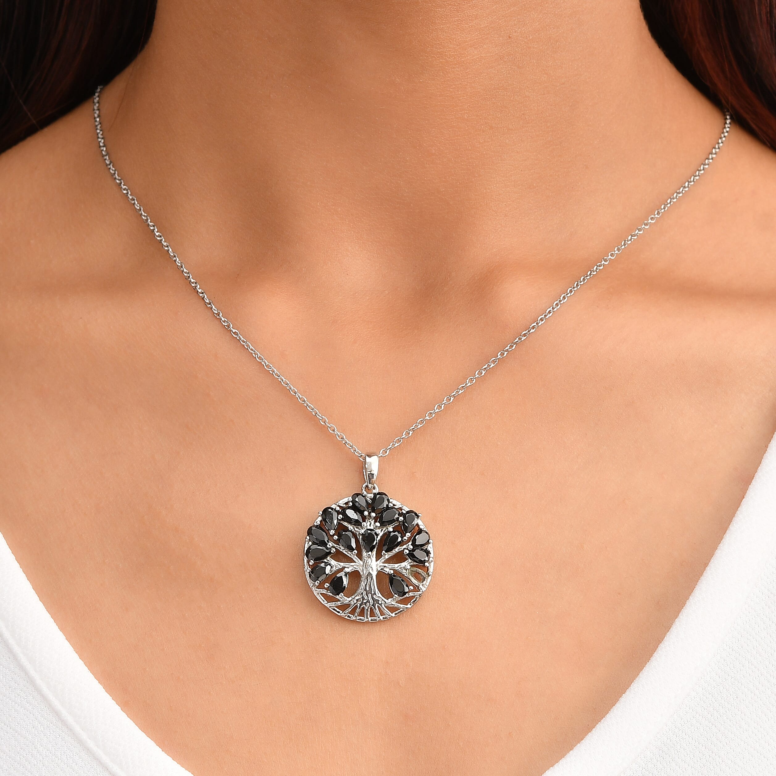 EverTrue Set of Black Spinel Tree Of Life Earrings and Pendant with Chain (Size 20)