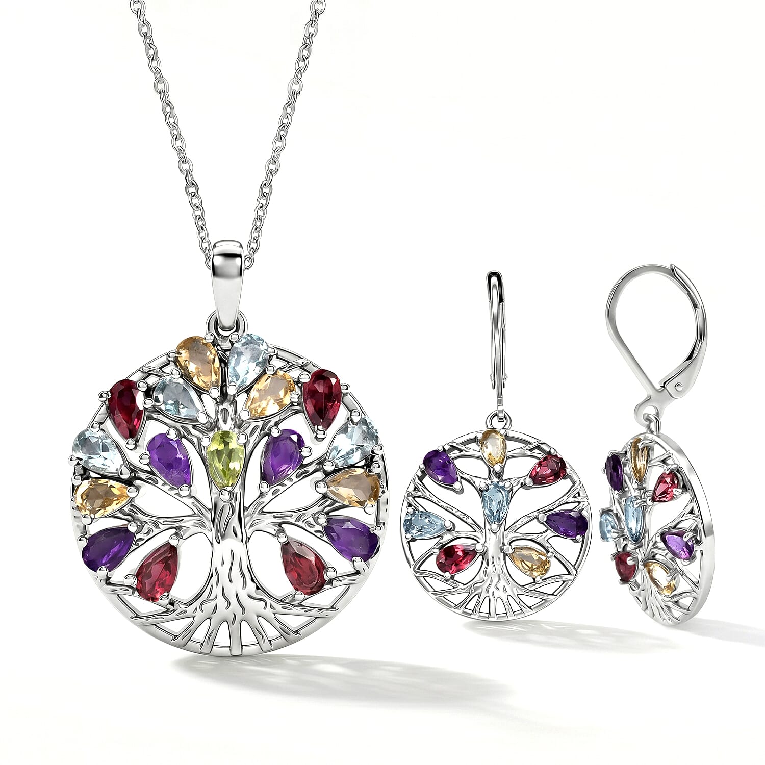 EverTrue Set of Multi Gemstones Tree Of Life Earrings and Pendant with Chain (Size 20)