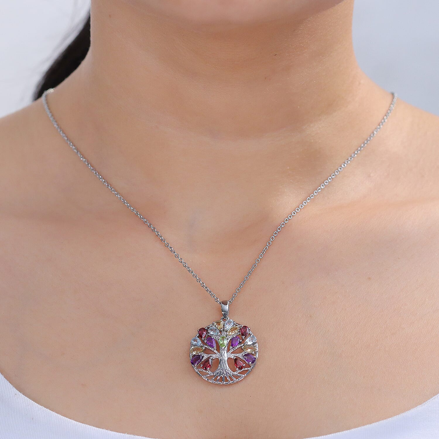 EverTrue Set of Multi Gemstones Tree Of Life Earrings and Pendant with Chain (Size 20)