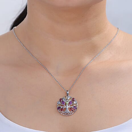 EverTrue Set of Multi Gemstones Tree Of Life Earrings and Pendant with Chain (Size 20)