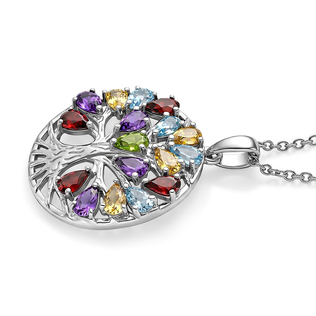 EverTrue Set of Multi Gemstones Tree Of Life Earrings and Pendant with Chain (Size 20)