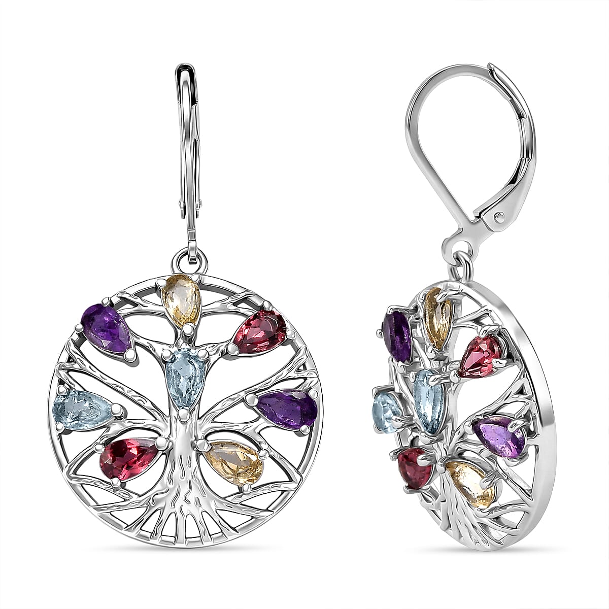 EverTrue Set of Multi Gemstones Tree Of Life Earrings and Pendant with Chain (Size 20)