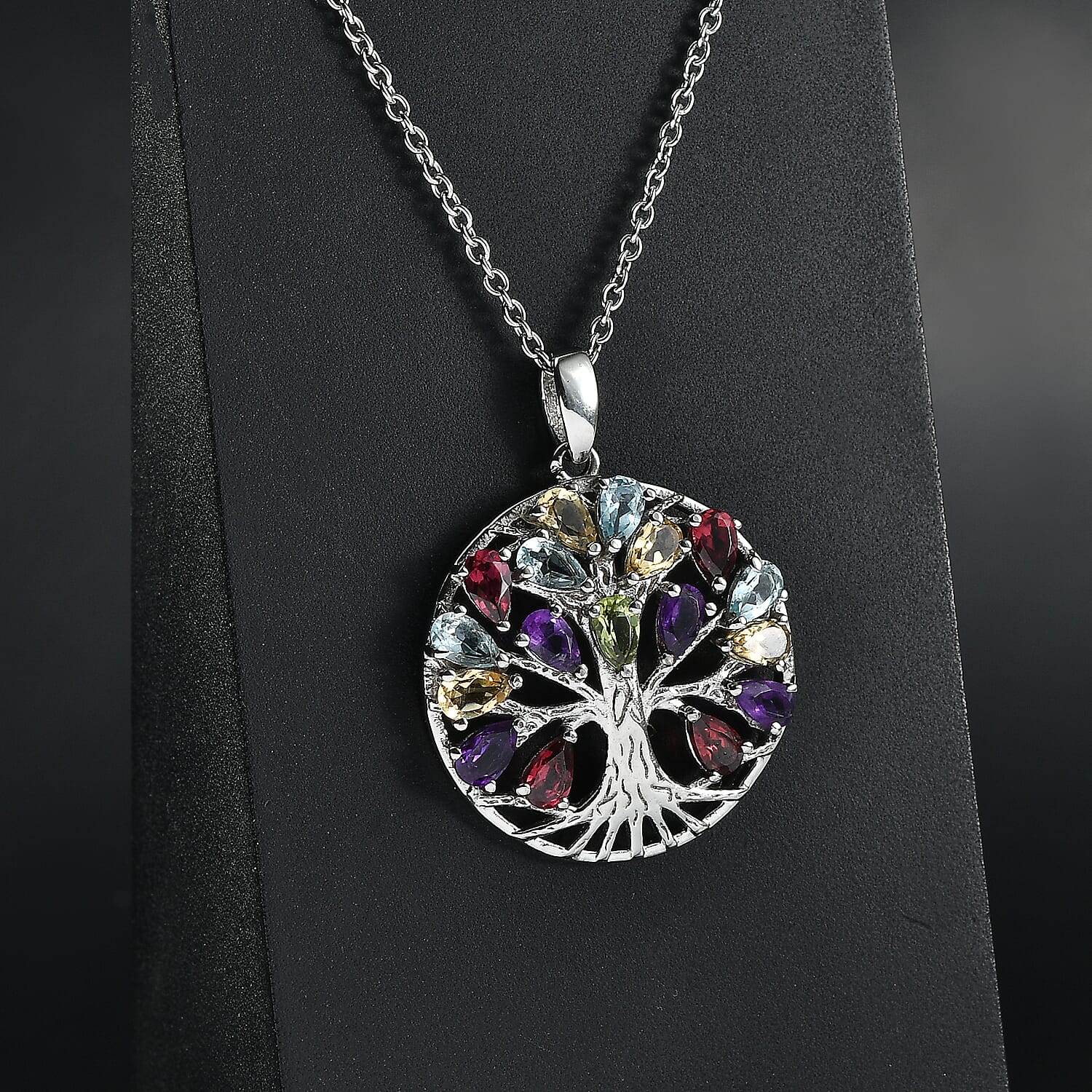 EverTrue Set of Multi Gemstones Tree Of Life Earrings and Pendant with Chain (Size 20)