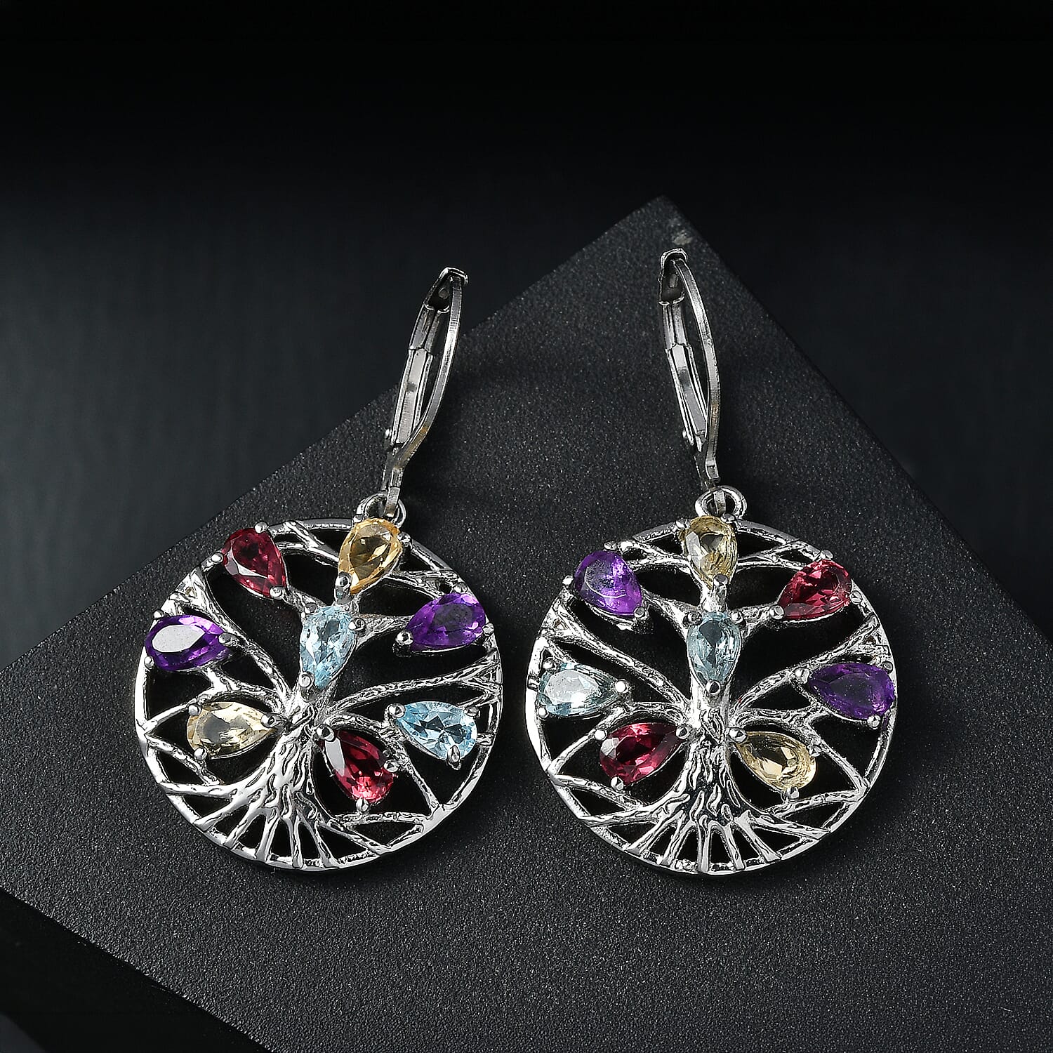 EverTrue Set of Multi Gemstones Tree Of Life Earrings and Pendant with Chain (Size 20)