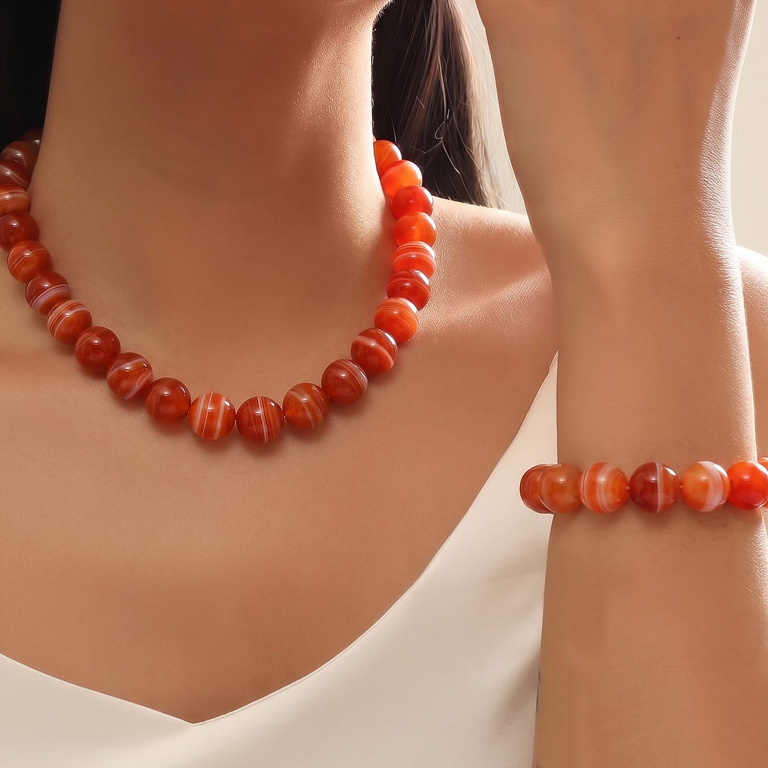 EverTrue Set of Banded Agate Adjustable Beads Bracelet and Necklace (Size - 18-2 Ext) in Yellow Gold Tone