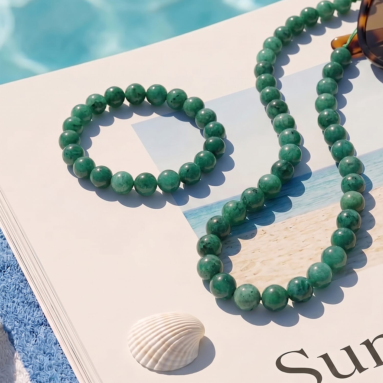 EverTrue Set of Green Agate Adjustable Beads Bracelet and Necklace (Size - 18-2 Ext) in Yellow Gold Tone
