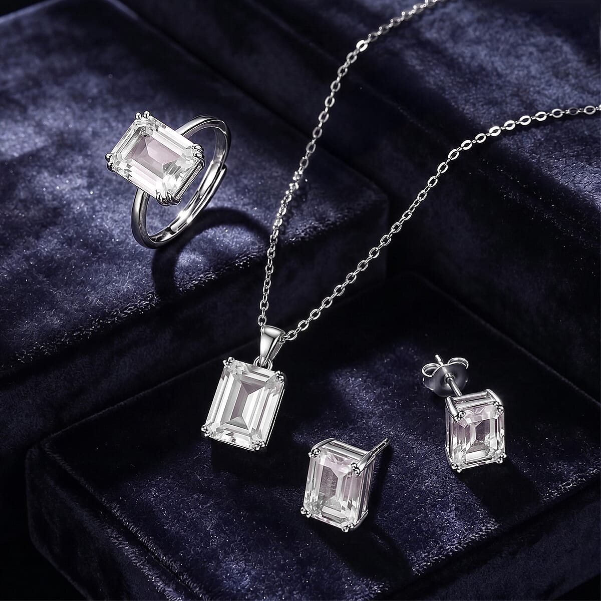 Austrian Crystal Set - Solitaire Adjustable Ring, Earrings, and Pendant with Chain