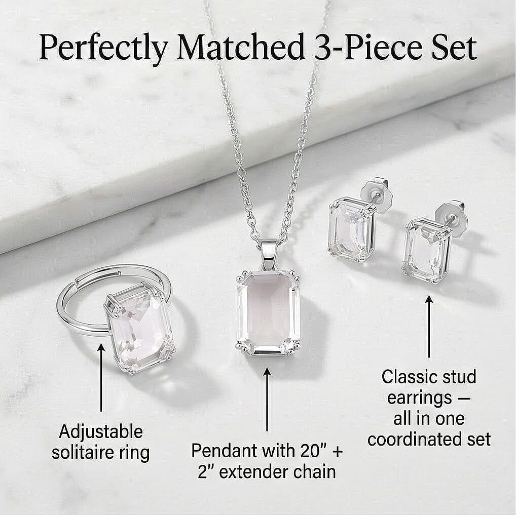 Austrian Crystal Set - Solitaire Adjustable Ring, Earrings, and Pendant with Chain
