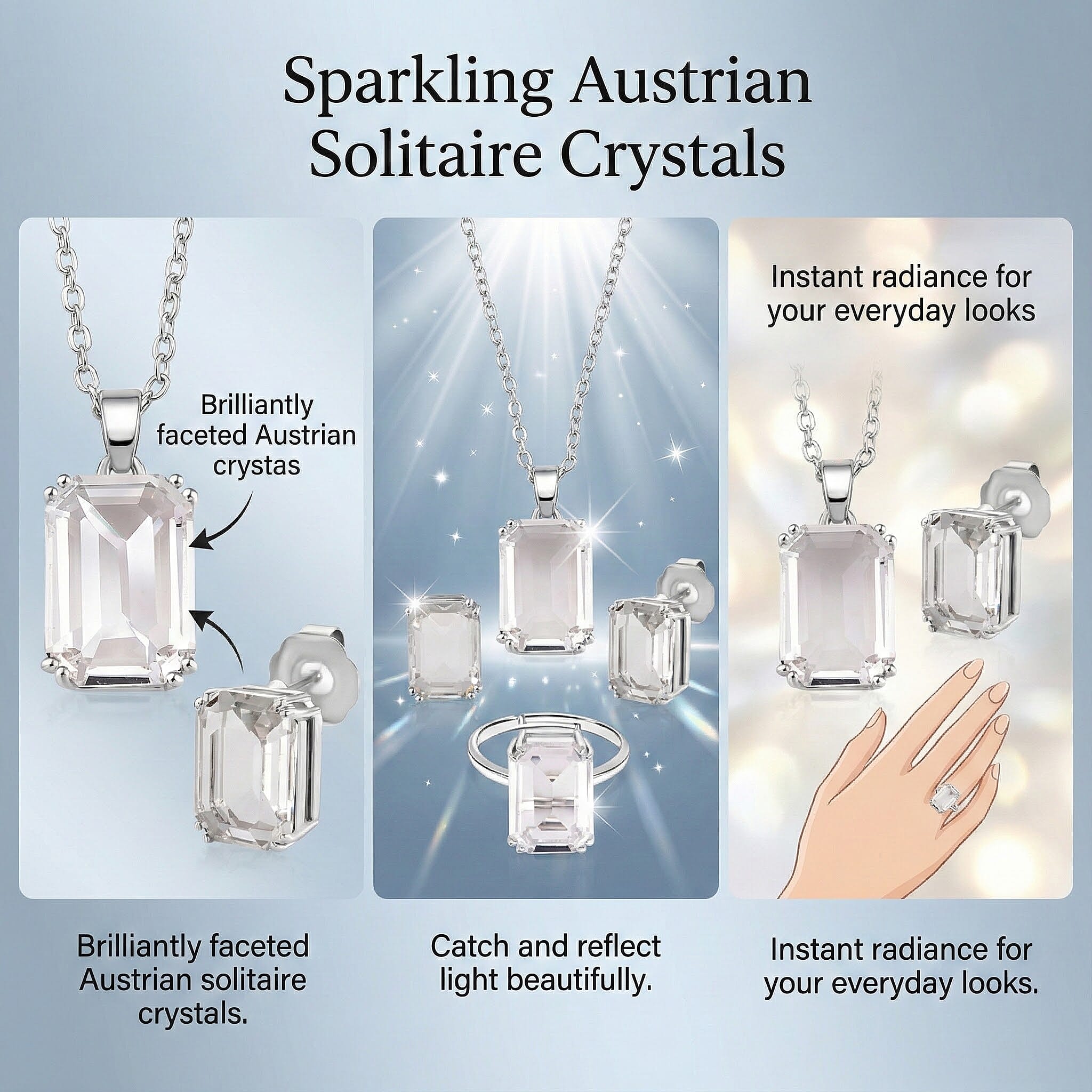 Austrian Crystal Set - Solitaire Adjustable Ring, Earrings, and Pendant with Chain