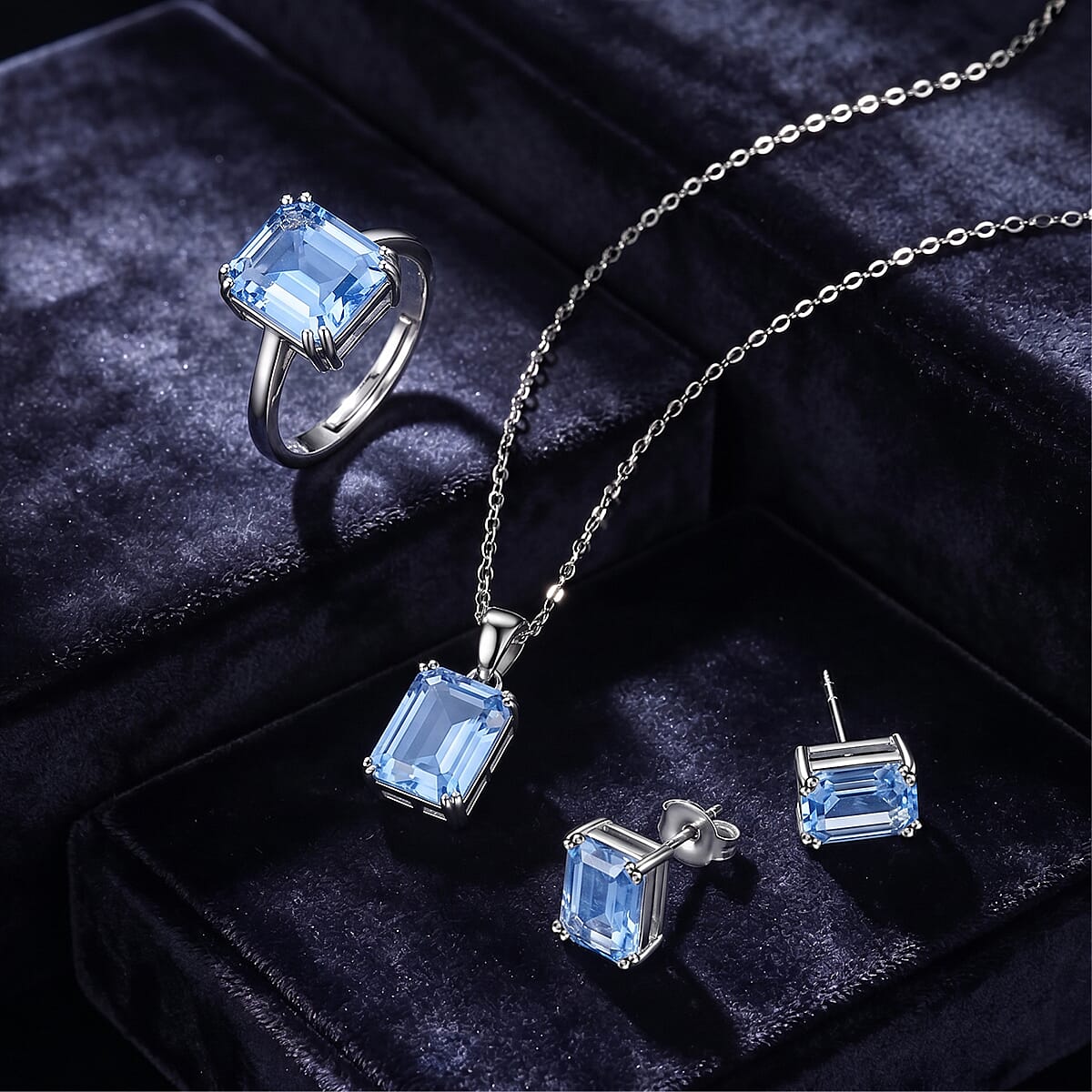 Austrian Crystal Set - Solitaire Adjustable Ring, Earrings, and Pendant with Chain