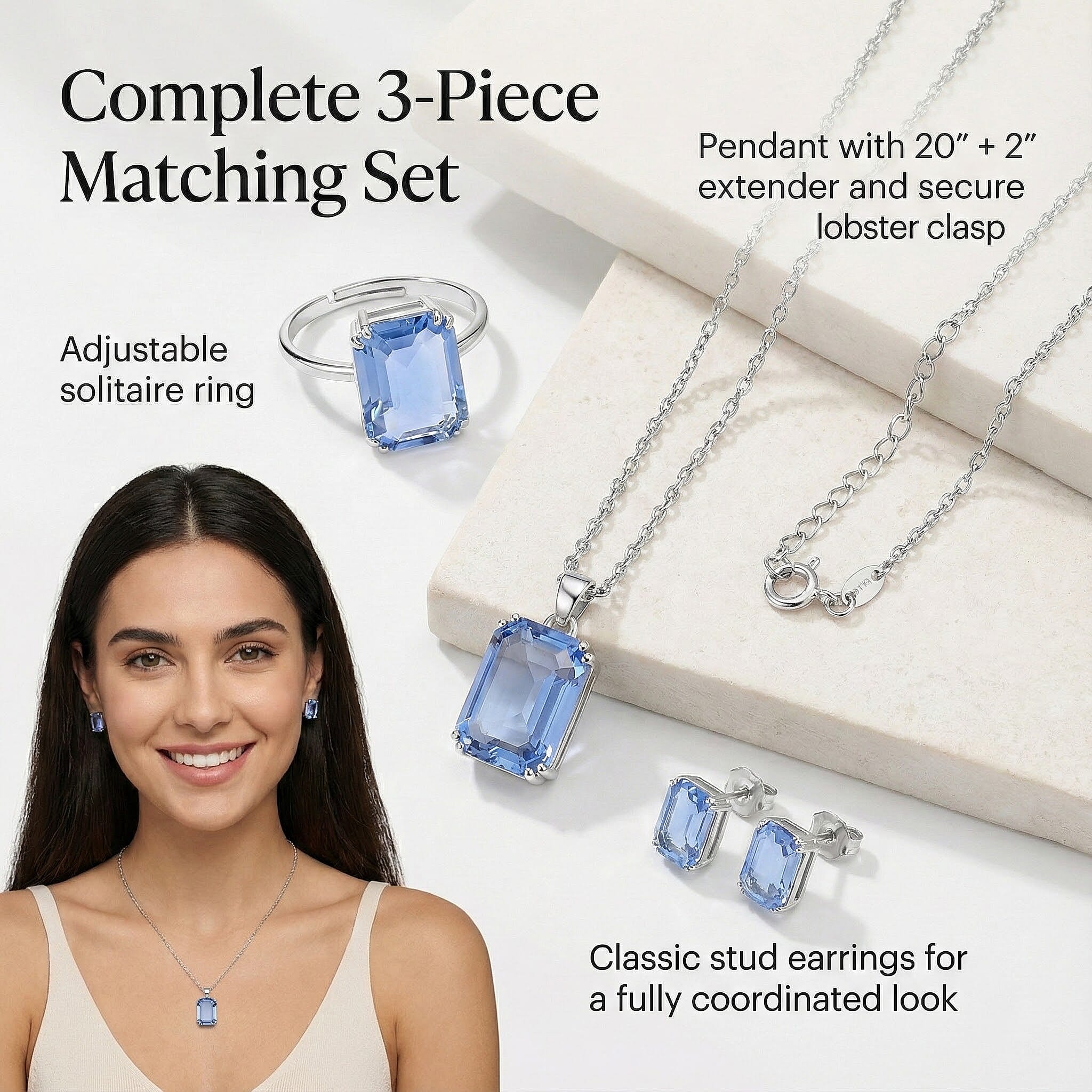 Austrian Crystal Set - Solitaire Adjustable Ring, Earrings, and Pendant with Chain