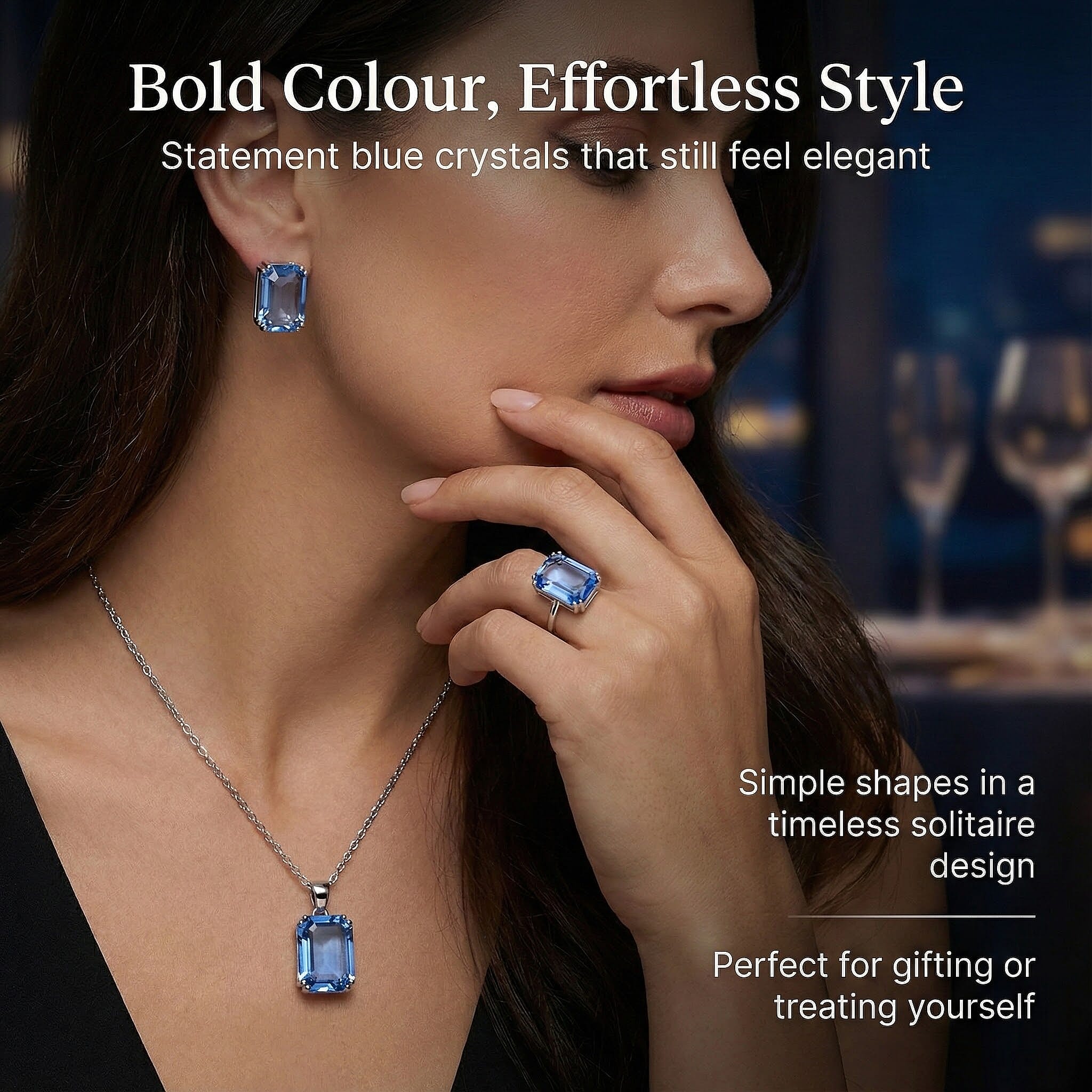 Austrian Crystal Set - Solitaire Adjustable Ring, Earrings, and Pendant with Chain