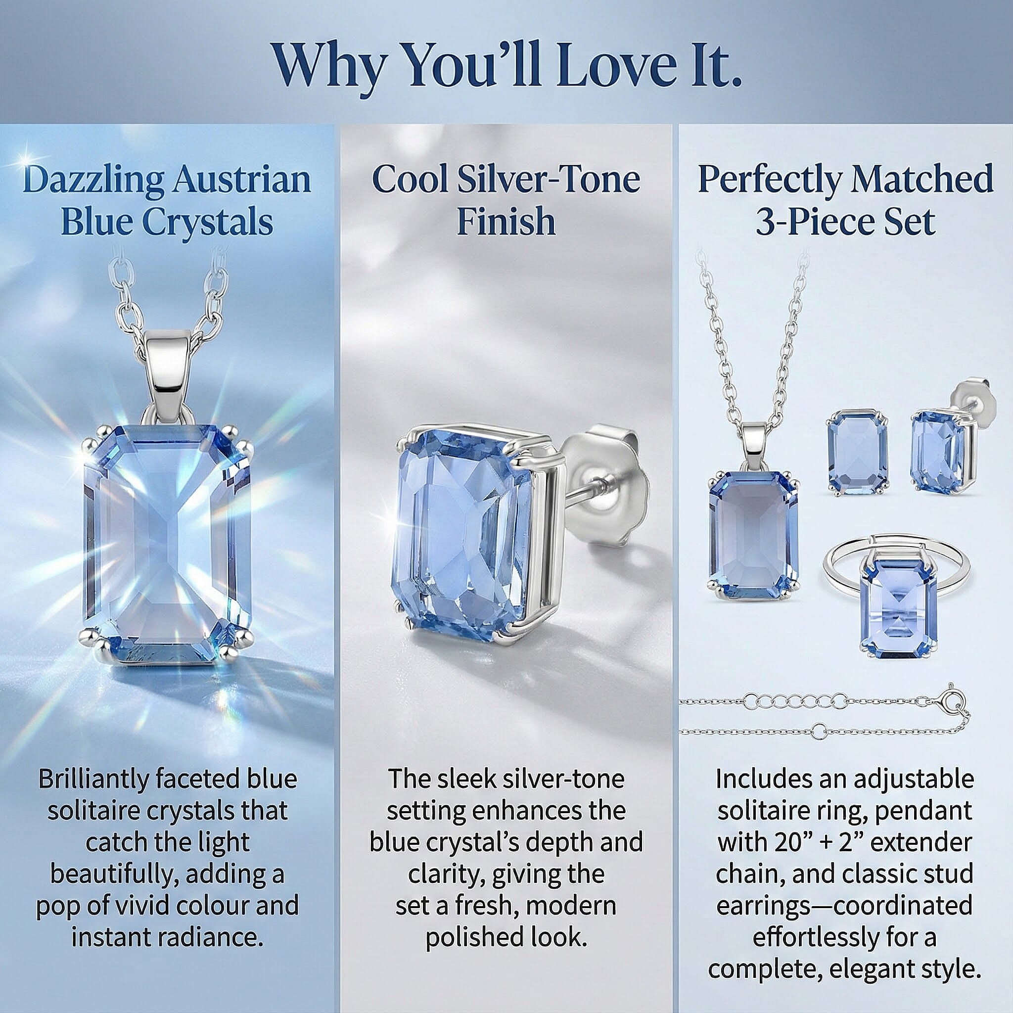 Austrian Crystal Set - Solitaire Adjustable Ring, Earrings, and Pendant with Chain