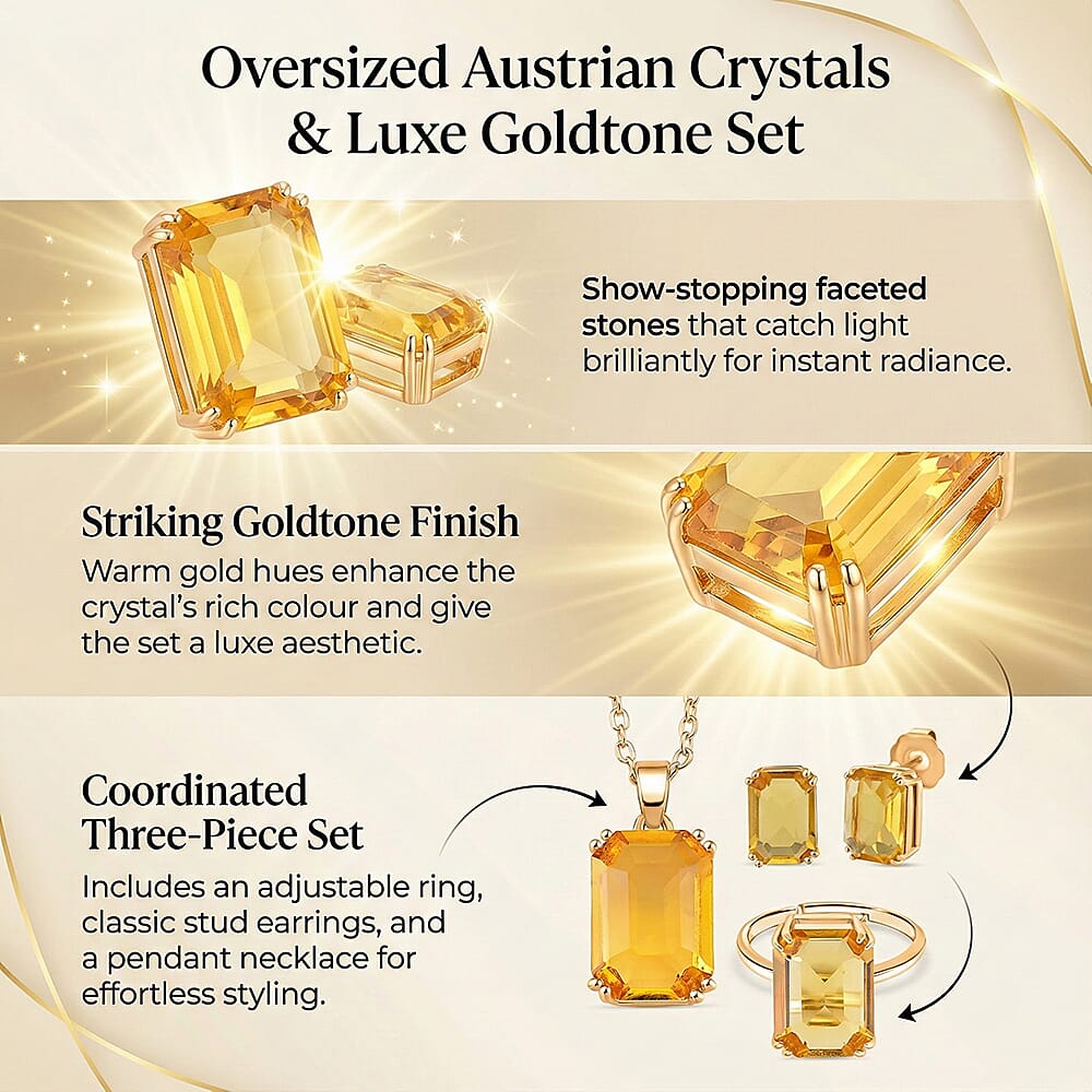 Austrian Crystal Set - Solitaire Adjustable Ring, Earrings, and Pendant with Chain