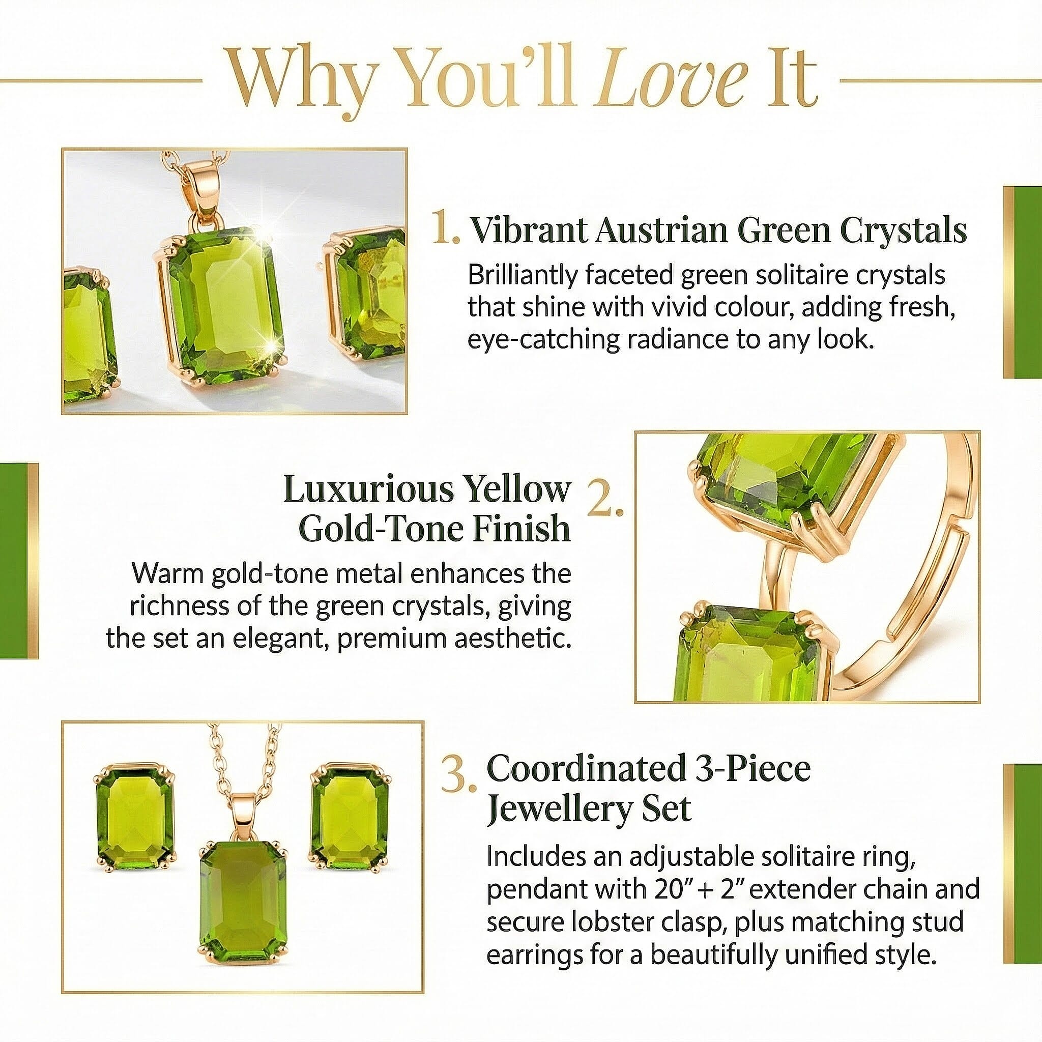 Austrian Crystal Set - Solitaire Adjustable Ring, Earrings, and Pendant with Chain