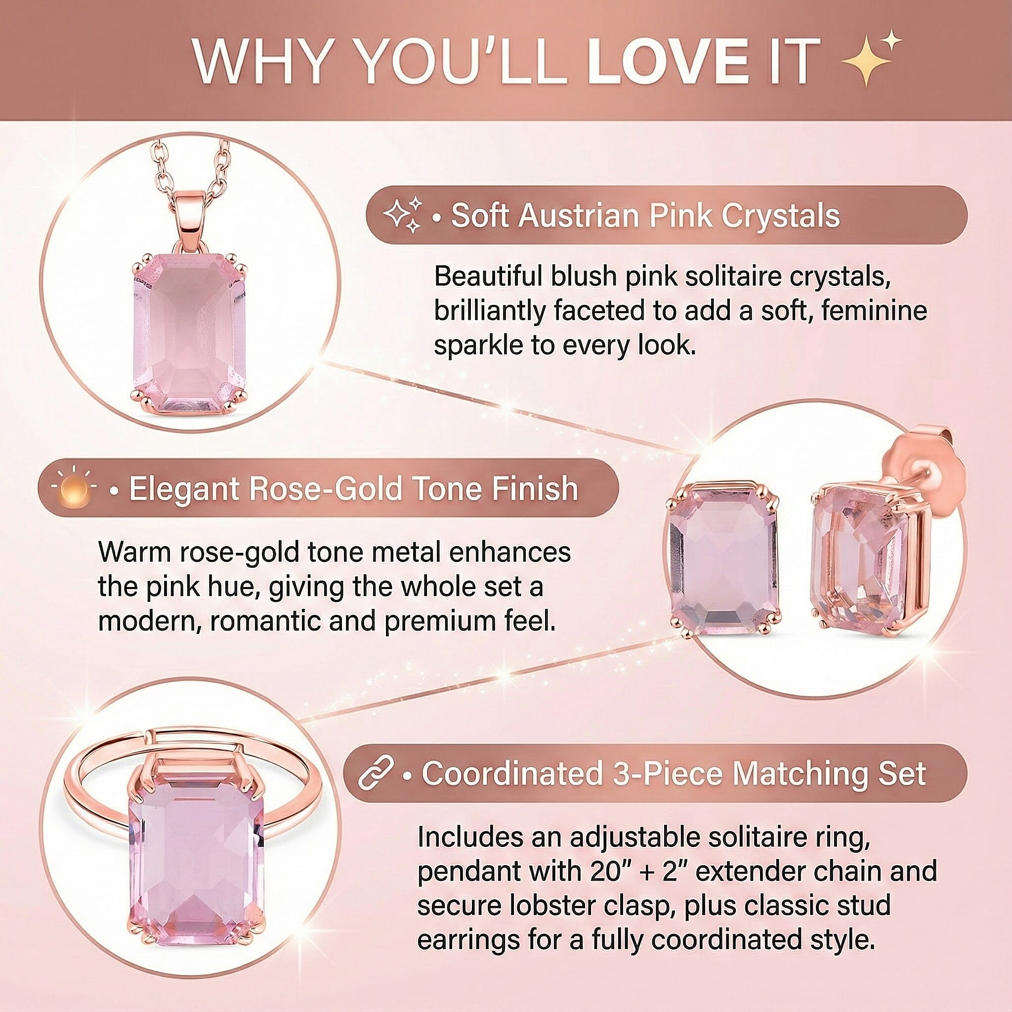 Austrian Crystal Set - Solitaire Adjustable Ring, Earrings, and Pendant with Chain