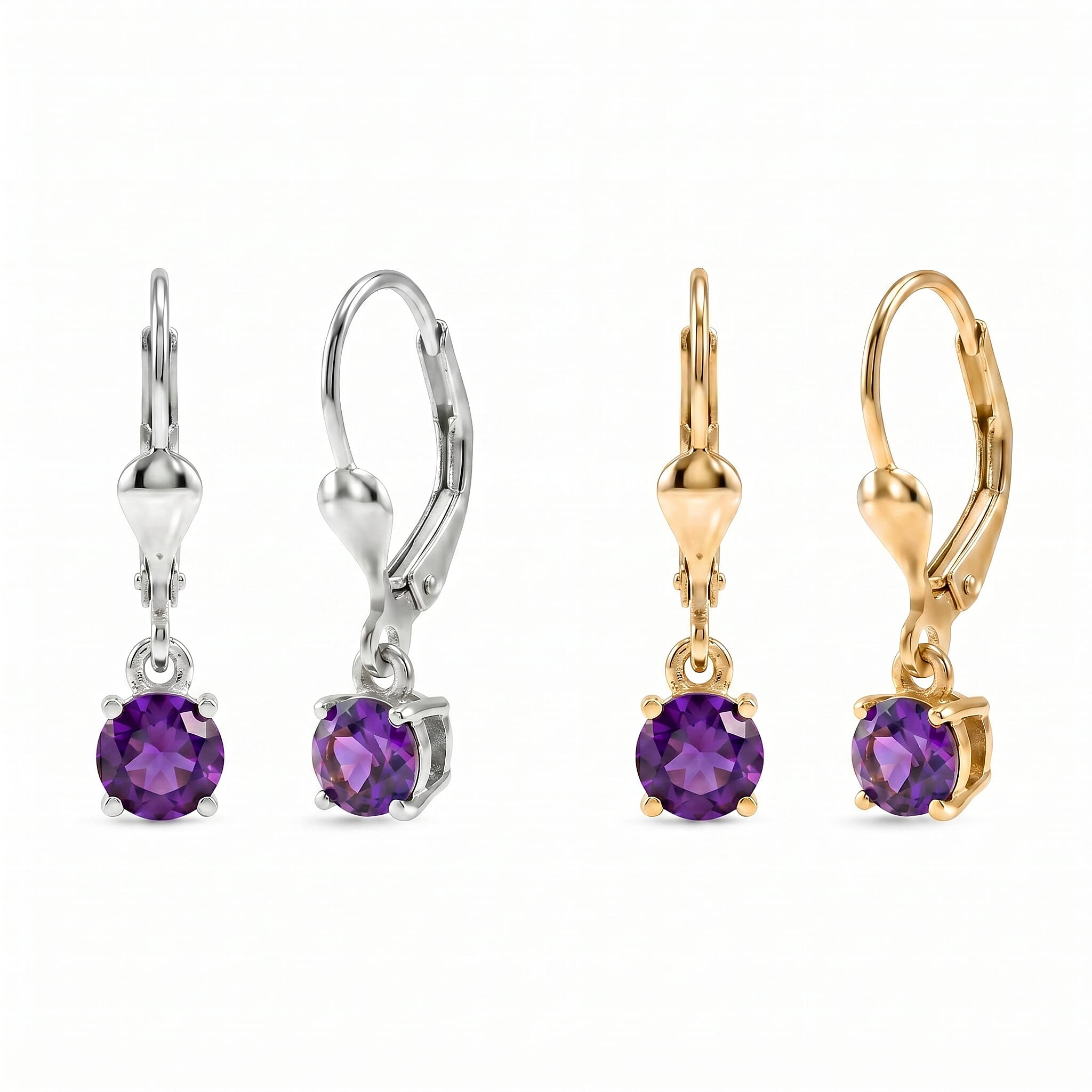 D'Joy African Amethyst Solitaire Stud Earrings Bundle in 18K Yellow Gold Plated & Rhodium Plated Sterling Silver