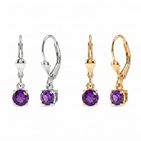 D'Joy African Amethyst Solitaire Stud Earrings Bundle in 18K Yellow Gold Plated & Rhodium Plated Sterling Silver