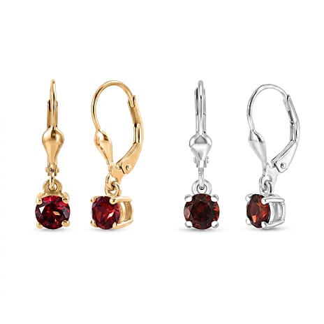 D'Joy Red Garnet Solitaire Stud Earrings Bundle in 18K Yellow Gold Plated & Rhodium Plated Sterling Silver