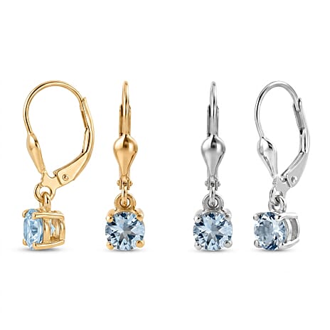 D'Joy Set of 2 Aquamarine Solitaire Drop Earrings in 18K Yellow Gold Plated & Rhodium Plated Sterling Silver