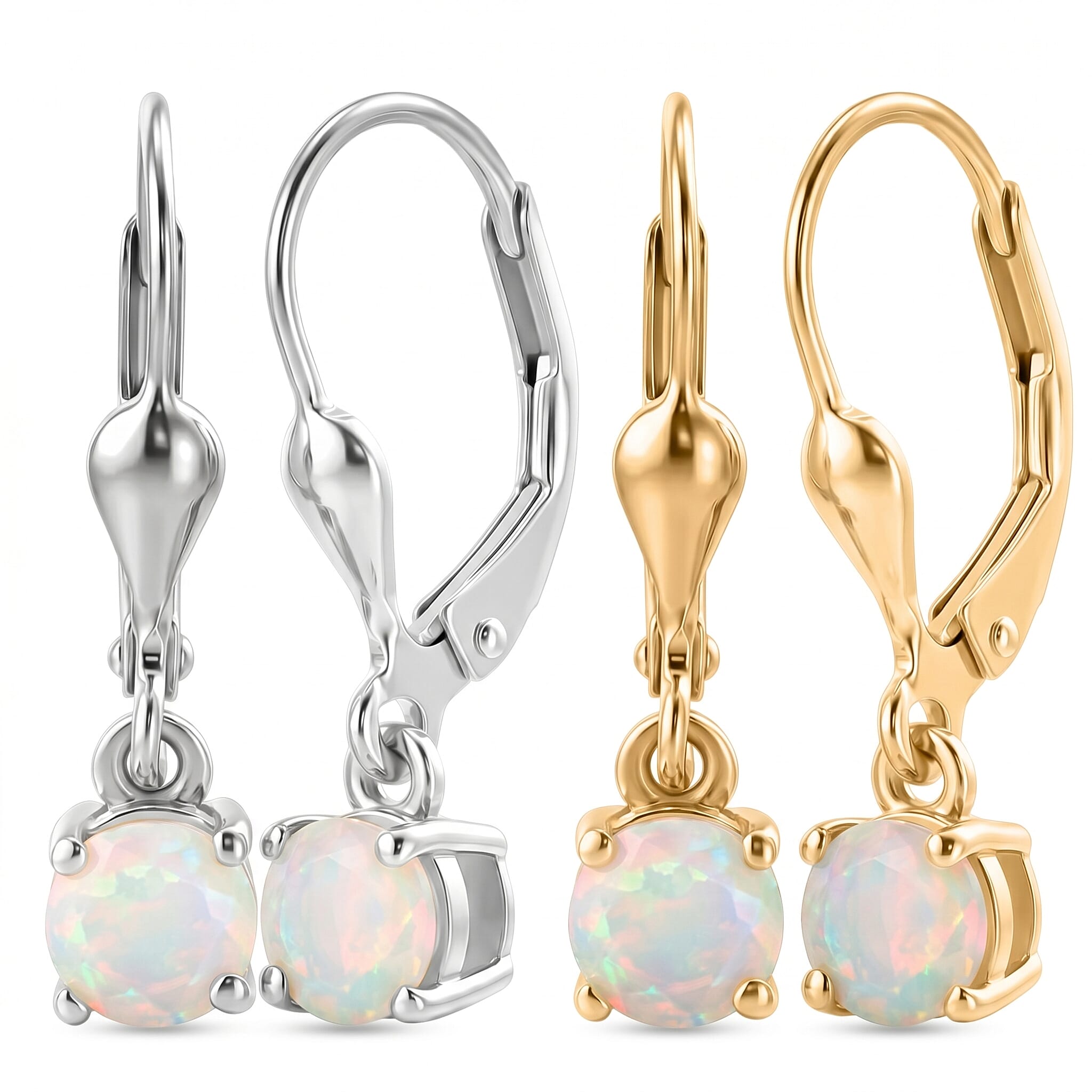 D'Joy Set of 2 Ethiopian Opal Solitaire Drop Earrings in 18K Yellow Gold Plated & Rhodium Plated Sterling Silver