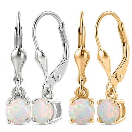 D'Joy Set of 2 Ethiopian Opal Solitaire Drop Earrings in 18K Yellow Gold Plated & Rhodium Plated Sterling Silver