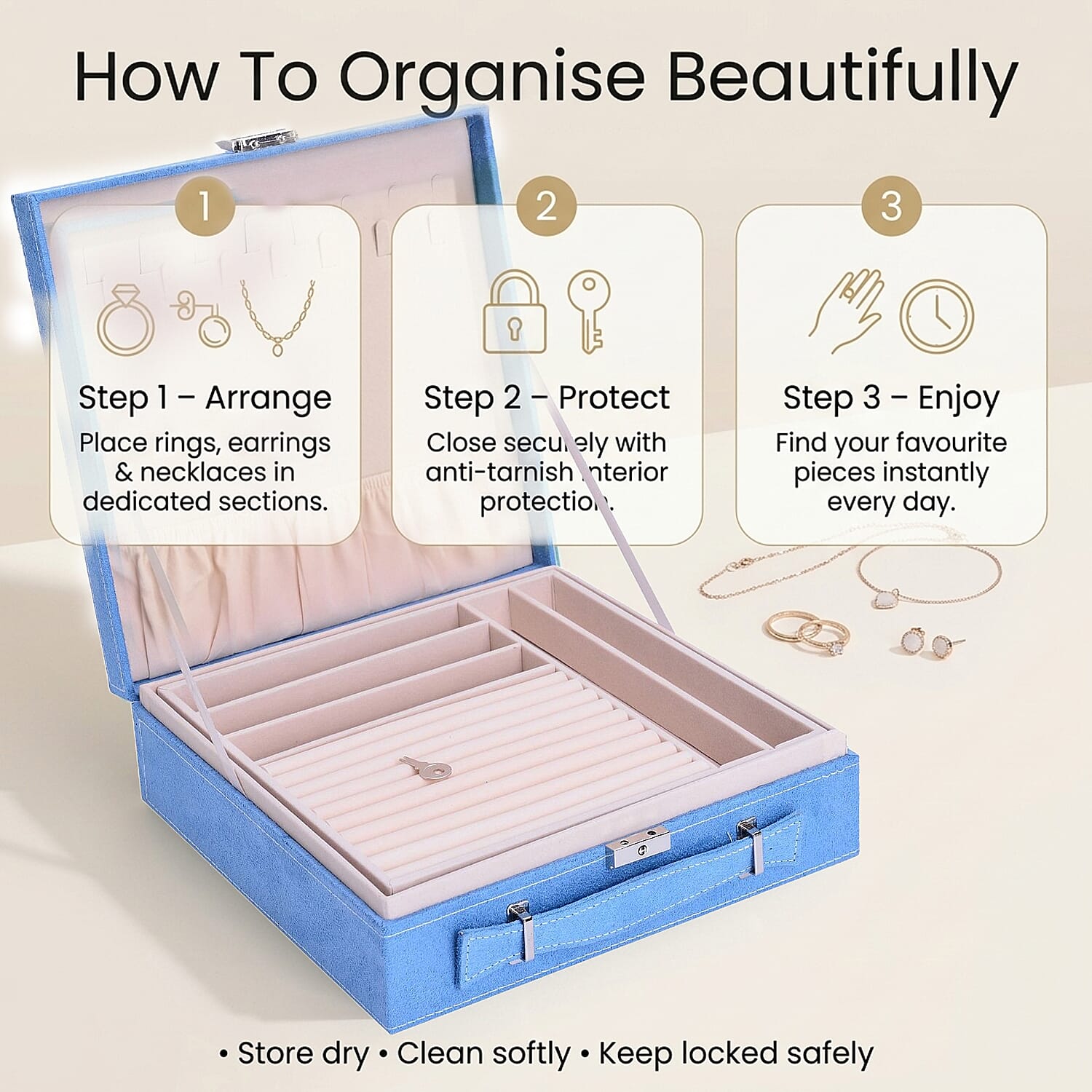 Set of 2 Premium 2-Tier Jewellery Storage Boxes with Anti-Tarnish Protection - White and Turquoise