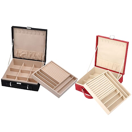 Set of 2 Premium 2-Tier Jewellery Storage Boxes with Anti-Tarnish Protection - Black and Red