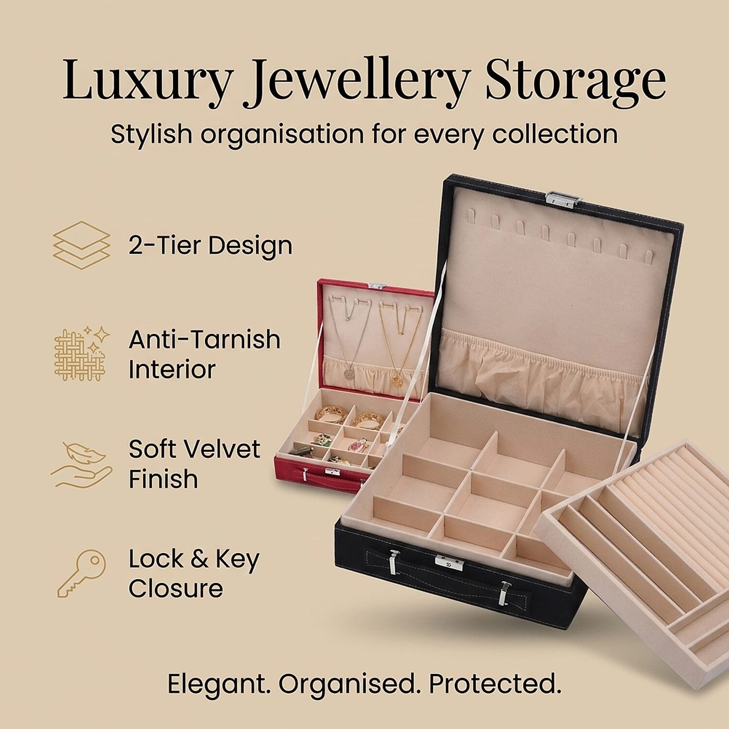 Set of 2 Premium 2-Tier Jewellery Storage Boxes with Anti-Tarnish Protection - Black and Red