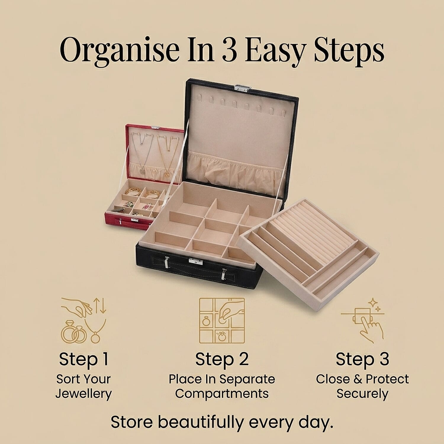 Set of 2 Premium 2-Tier Jewellery Storage Boxes with Anti-Tarnish Protection - Black and Red
