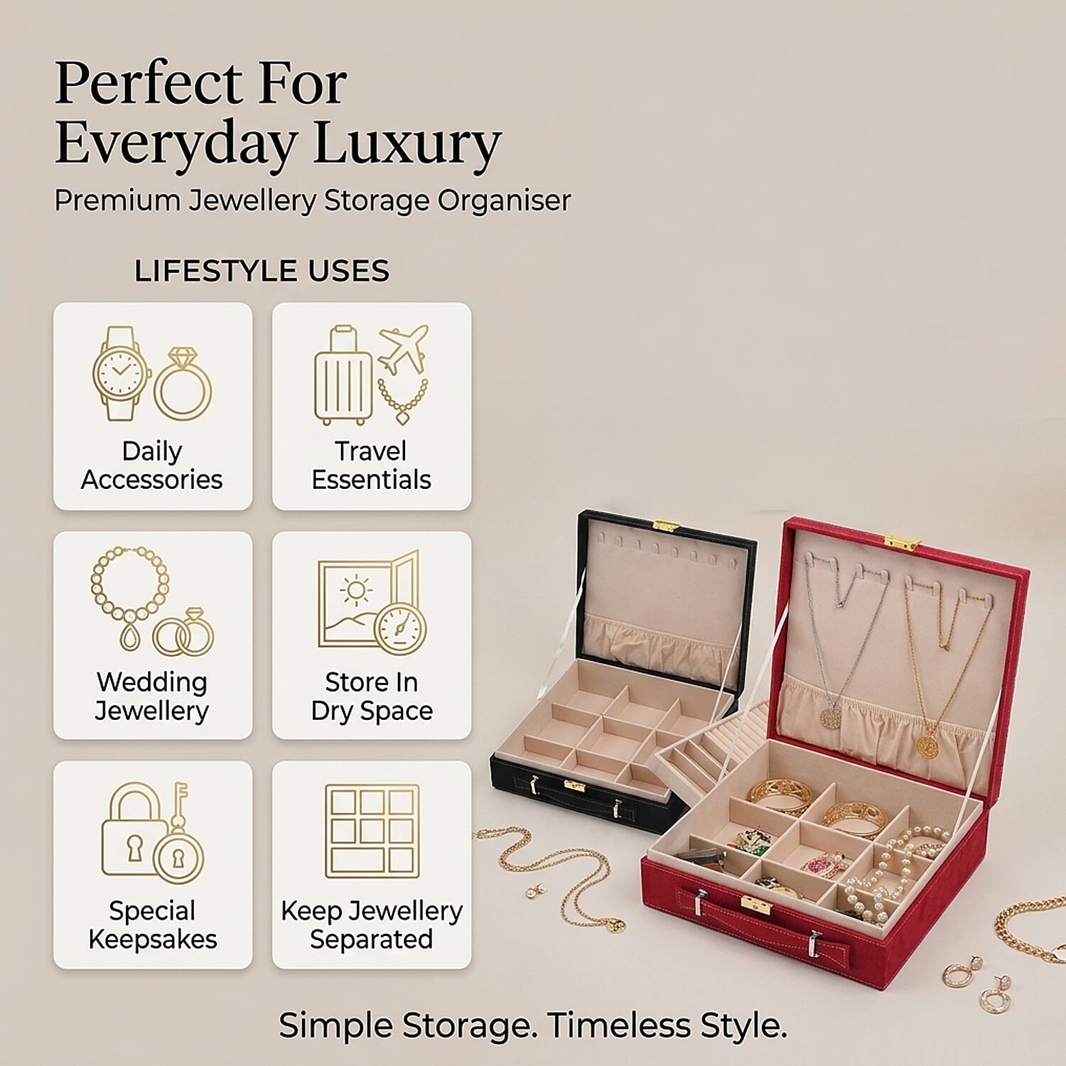 Set of 2 Premium 2-Tier Jewellery Storage Boxes with Anti-Tarnish Protection - Black and Red