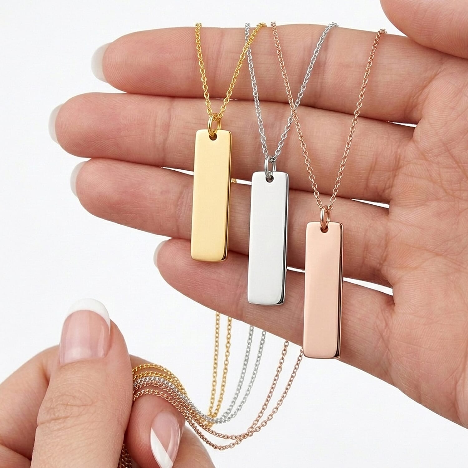 Set of 3 Personalised Bar Pendants with Chains in Gold, Silver & Rose Gold Tones (20 Inches)