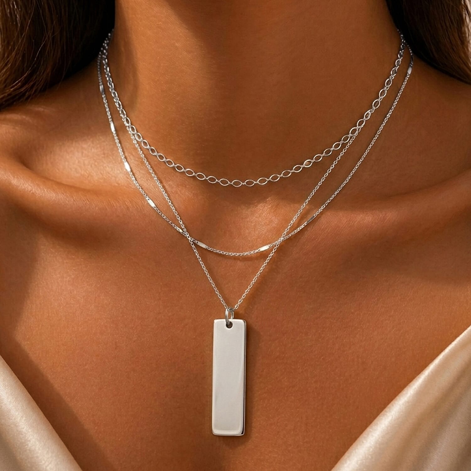 Set of 3 Personalised Bar Pendants with Chains in Gold, Silver & Rose Gold Tones (20 Inches)