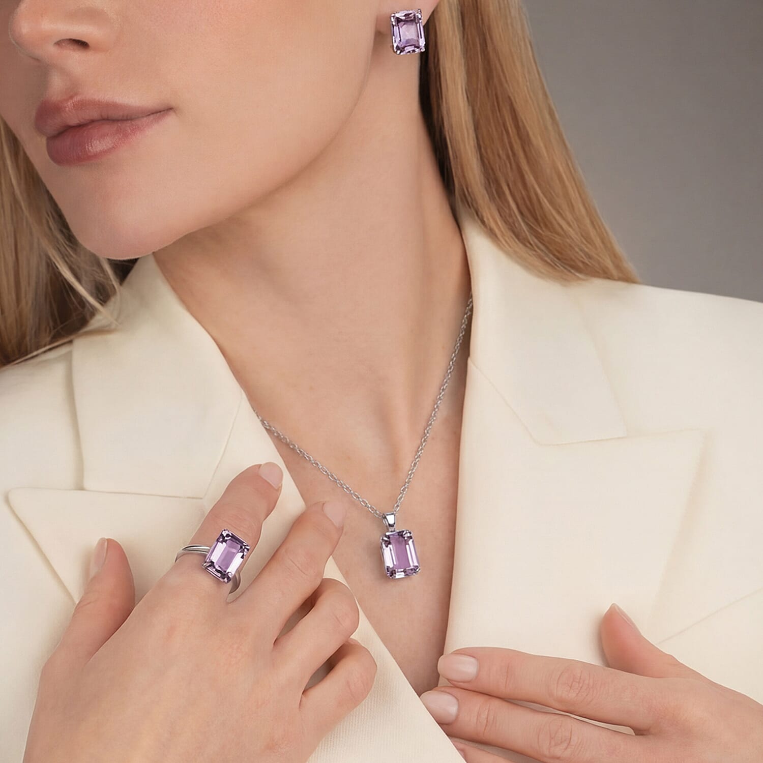 Austrian Crystal Set - Solitaire Adjustable Ring, Earrings, and Pendant with Chain
