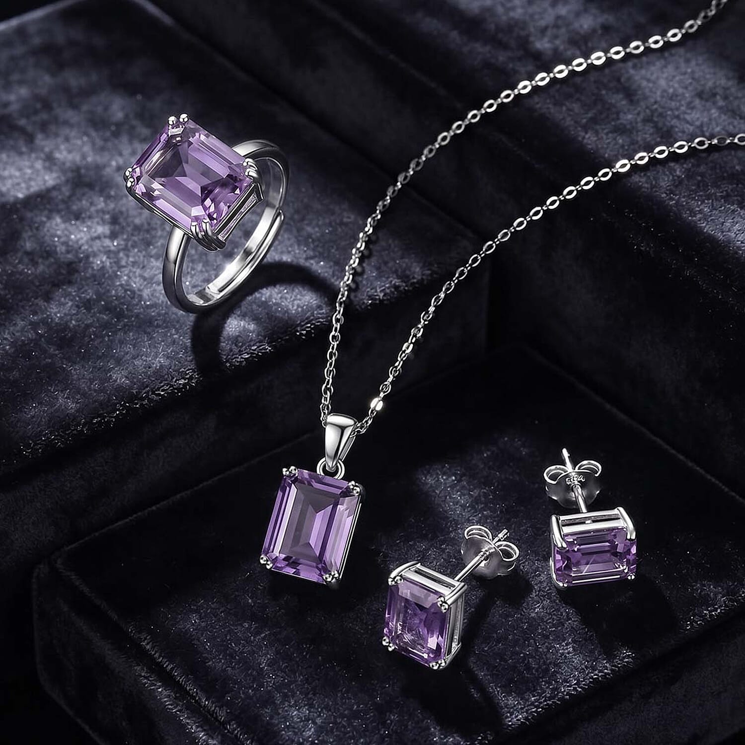 Austrian Crystal Set - Solitaire Adjustable Ring, Earrings, and Pendant with Chain