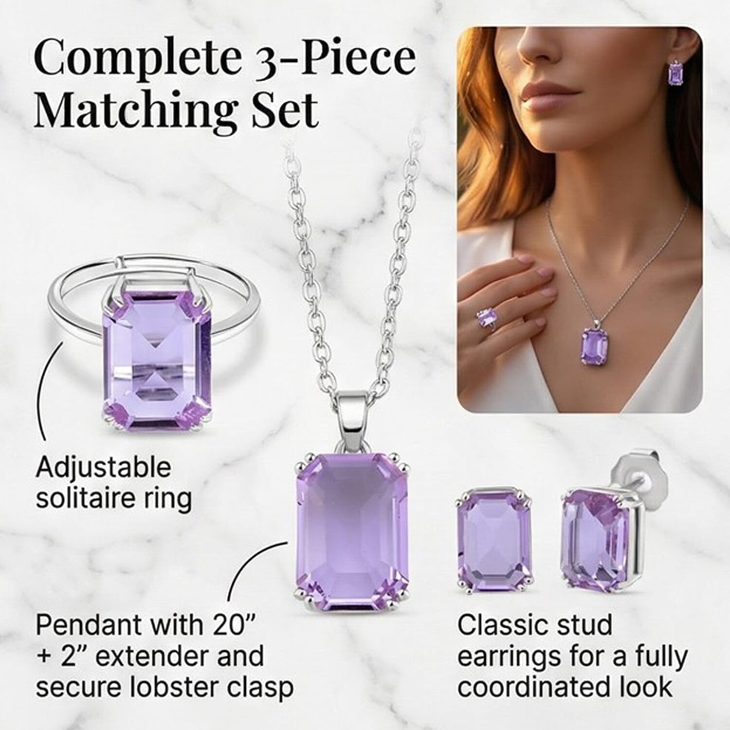 Austrian Crystal Set - Solitaire Adjustable Ring, Earrings, and Pendant with Chain