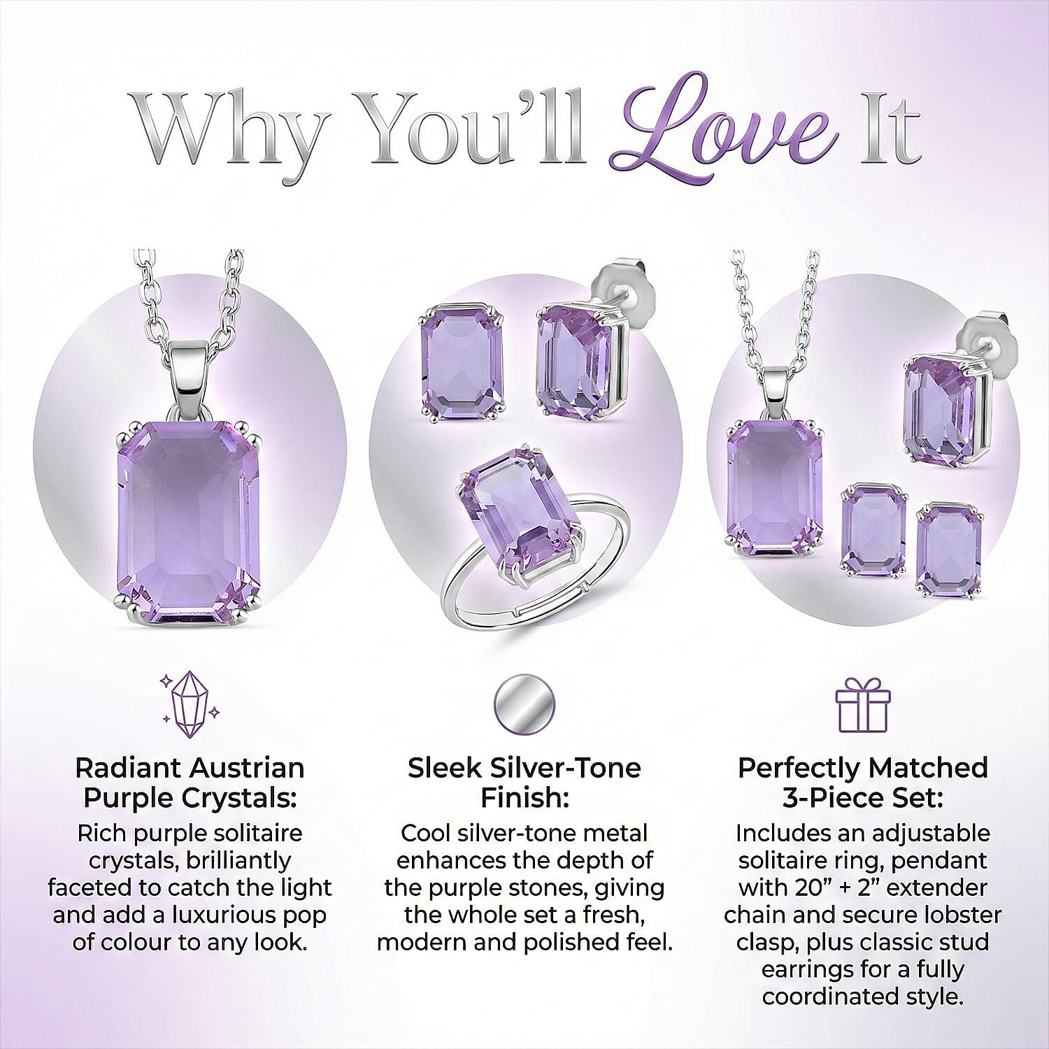 Austrian Crystal Set - Solitaire Adjustable Ring, Earrings, and Pendant with Chain