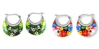 Set of 2 - Multi Colour and Green Murano Style Basket Earrings in Stainless Steel