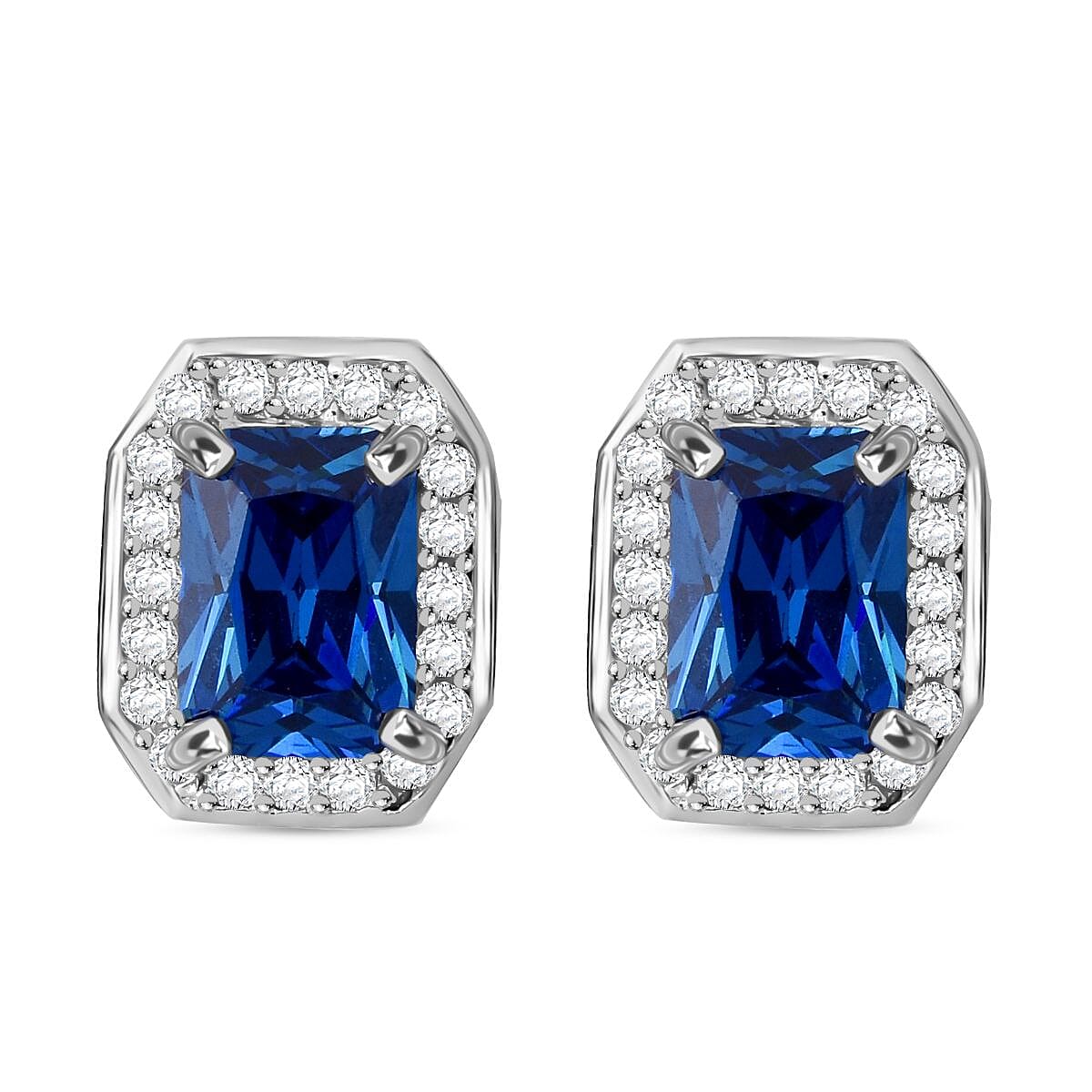 AAA Simulated Blue Sapphire (Oct), Simulated Diamond Stud Earrings (with Push Back) in Rhodium Plated Sterling Silver