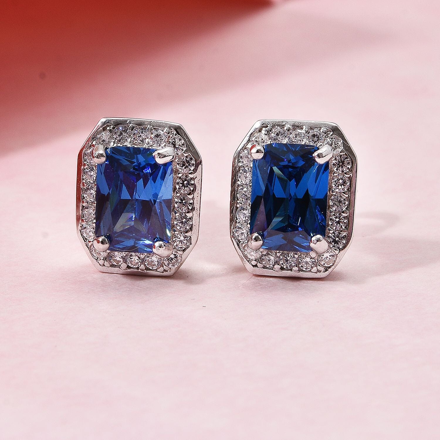 AAA Simulated Blue Sapphire (Oct), Simulated Diamond Stud Earrings (with Push Back) in Rhodium Plated Sterling Silver