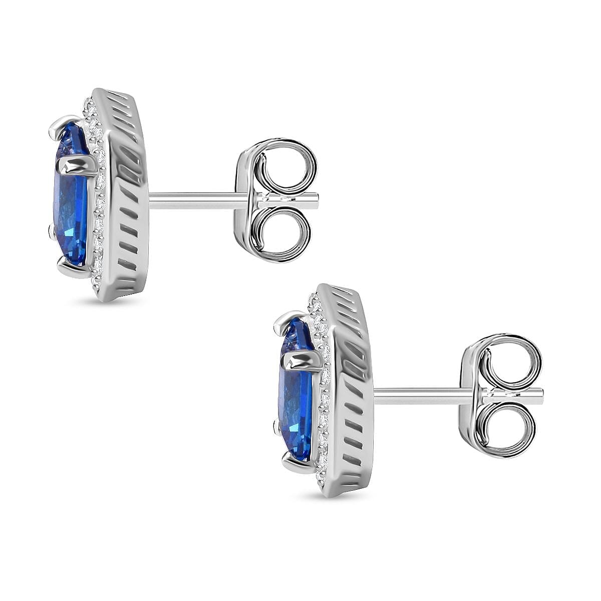 AAA Simulated Blue Sapphire (Oct), Simulated Diamond Stud Earrings (with Push Back) in Rhodium Plated Sterling Silver
