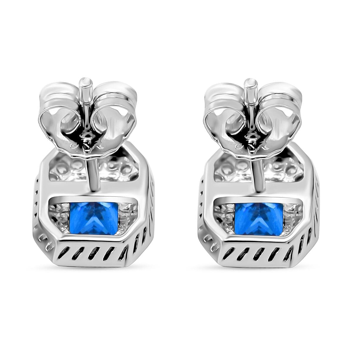 AAA Simulated Blue Sapphire (Oct), Simulated Diamond Stud Earrings (with Push Back) in Rhodium Plated Sterling Silver