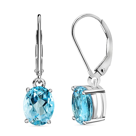 D'Joy Sky Blue Topaz Lever Back Earrings Rhodium in Sterling Silver 4.00 Ct.