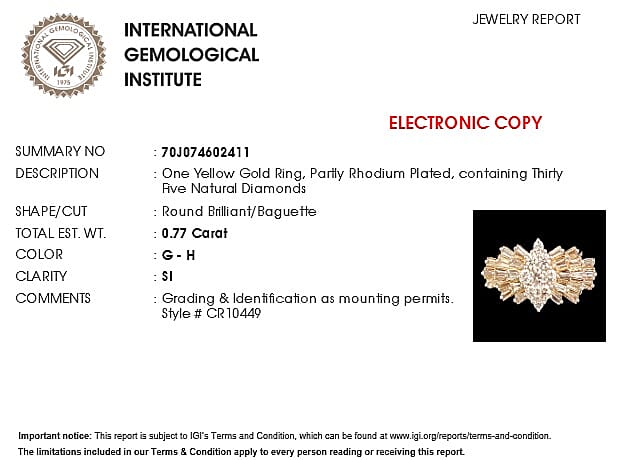 ILIANA 18K Yellow Gold IGI Certified Natural Diamond (SI-G-H) Ballerina Ring 1.00 Ct.